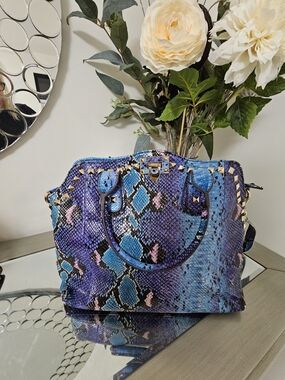 Elegant Blue & Purple Snake-Print Satchel with Gold Accents